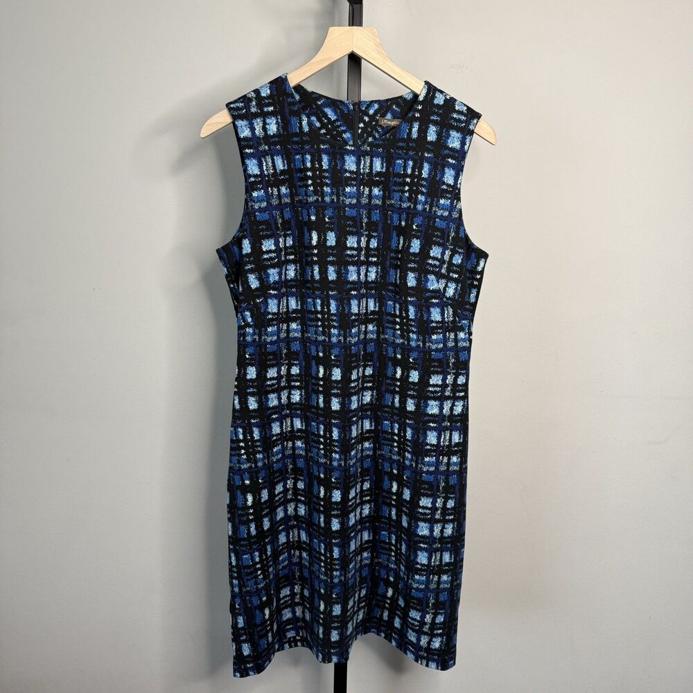 J. McLaughlin Blue/Black Abstract Plaid Printed Scuba Sheath Dress Large